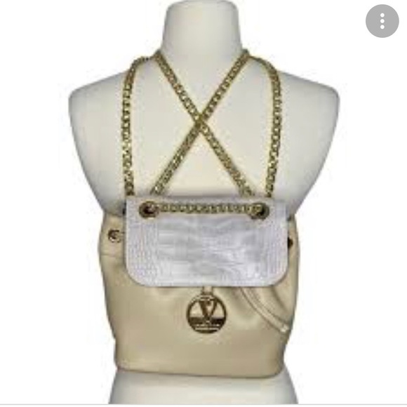 Valentina Backpack Purse Beige Leather Croc Embossed Drawstring Travel Luxury‎ main image 7
